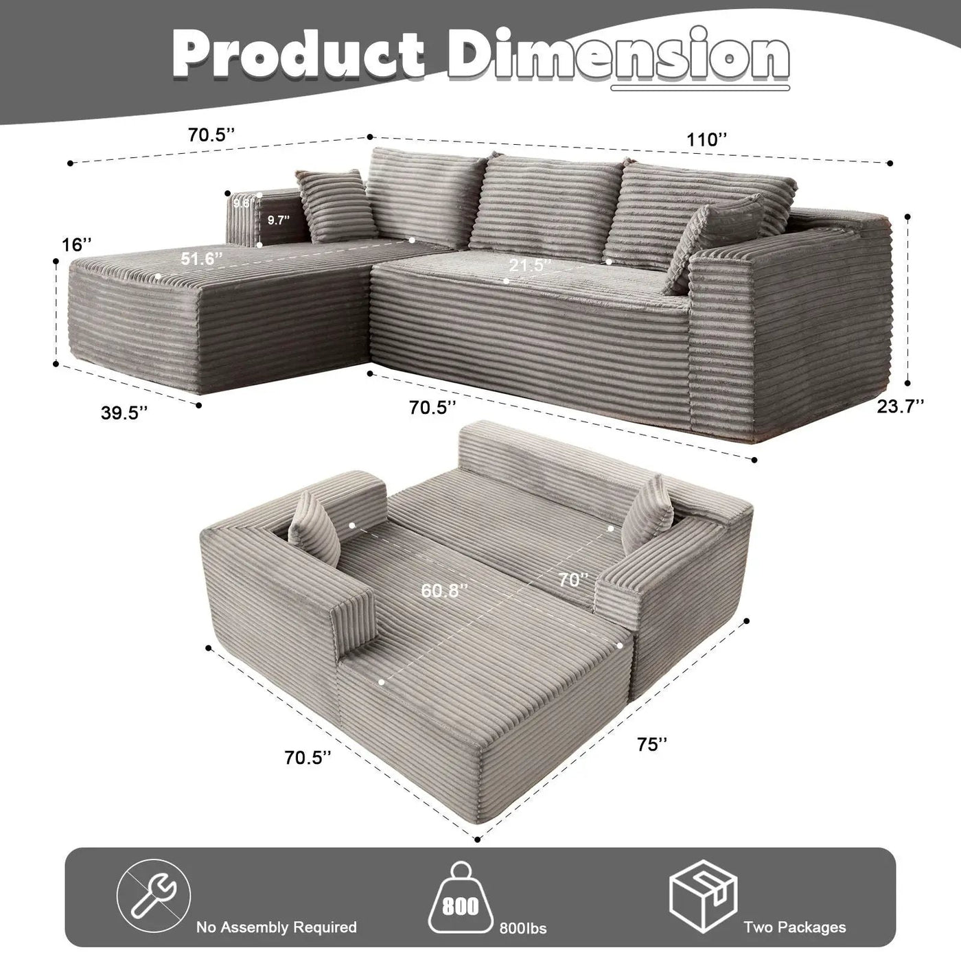 Compression Sectional Couch With Comfy Chaise, Boneless L Shape Sofa With Deep Seat by HouseOfZazla