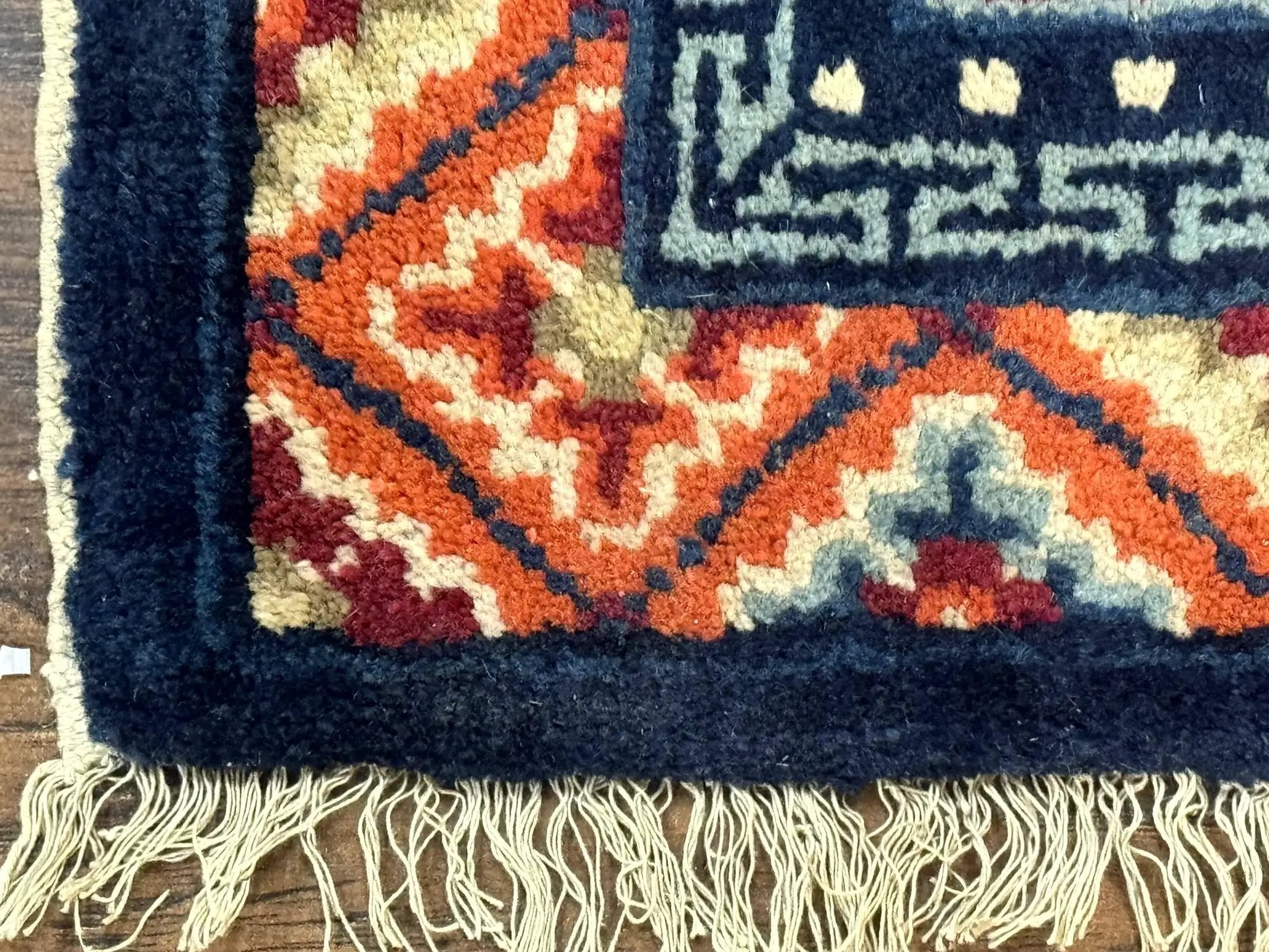 Small Antique Chinese Square Rug 2x3, Tibetan Rug, Red Orange Blue, 1920s Rug by Jewel Rugs