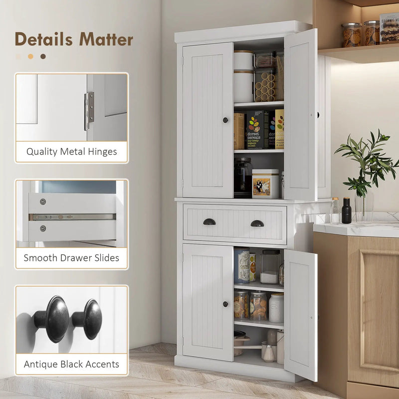 Homcom - 72" Kitchen Pantry, Tall Storage Cabinet, Freestanding Cupboard With Drawer, Doors And Adjustable Shelves - White by Unique Piece Furniture