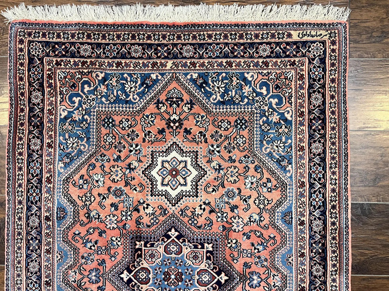 Persian Shiraz Rug 3x5, Geometric Tribal Rug, Wool Hand Knotted Vintage Carpet, Light Red & Blue, Signed by Masterweaver by Jewel Rugs