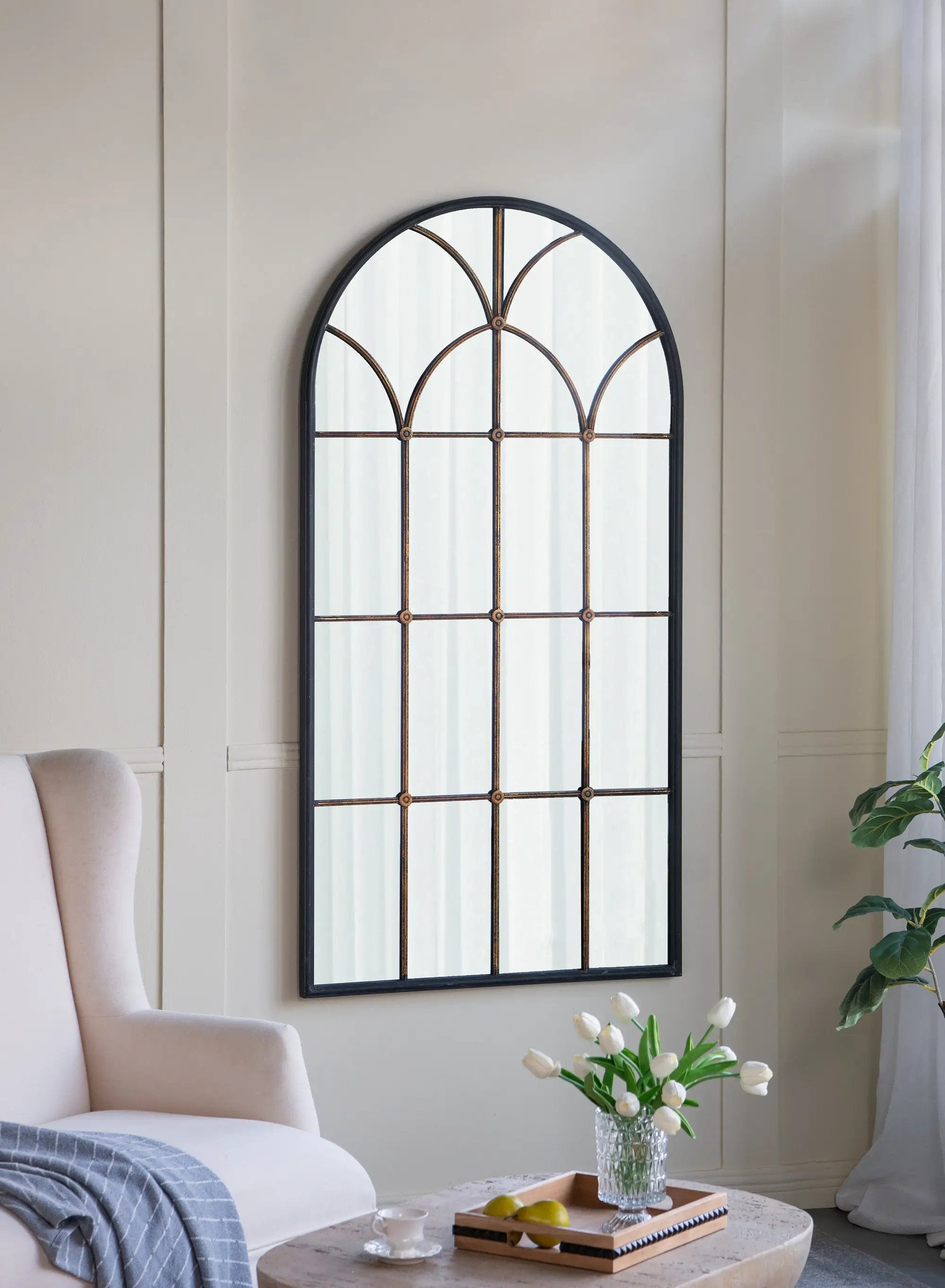 34x65.5' Arched Full-Length Mirror with Black and Gold Windowpane Design by HouseOfZazla