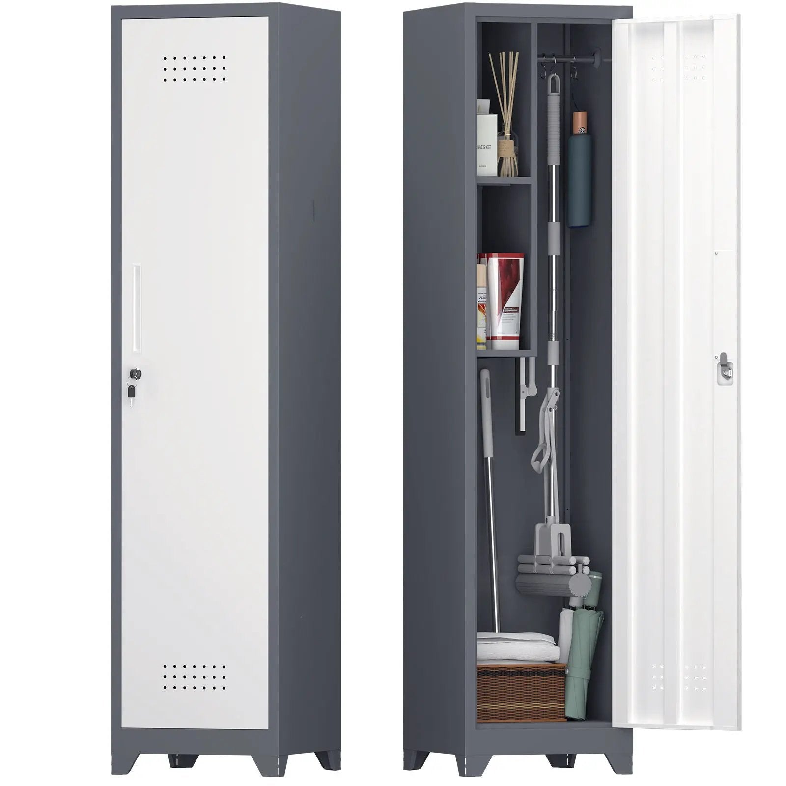 Broom Storage Cabinet Narrow Slim With Hooks And Shelves, Heavy-Duty by HouseOfZazla