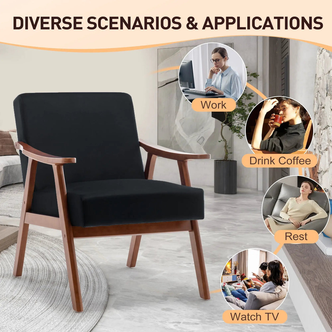 Mid Century Modern Accent Chair With Solid Wood Frame And Extra Thick Backrest by HouseOfZazla