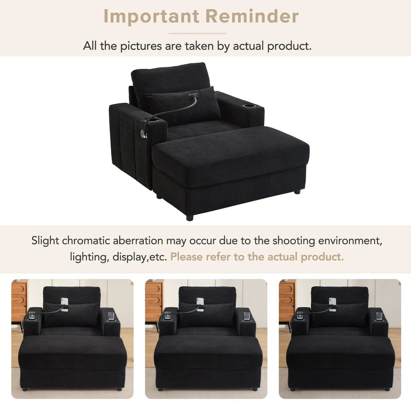 Modern Style Armchair Chaise Lounge Sofa Couch With Movable Storage Ottoman, USB Ports, Cup Holders, Phone Holder, Side Pockets by HouseOfZazla