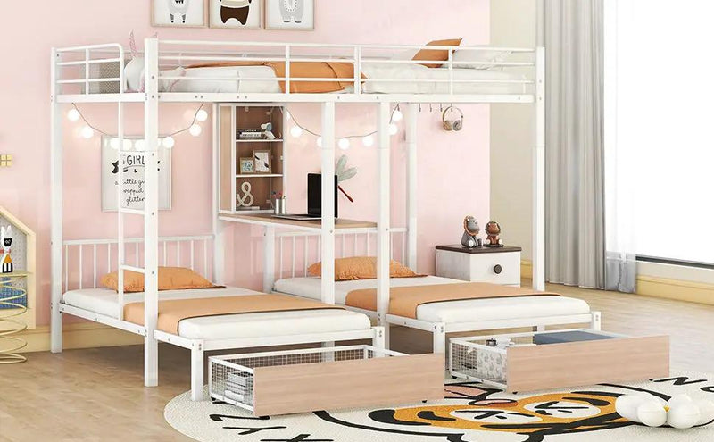 Triple Bunk Bed With Drawers, Multi-Functional Frame With Desks And Shelves In The Middle by HouseOfZazla