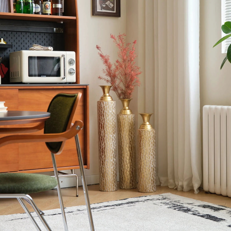 Metal Decorative Vases High Distress Metal Center Vases With Growing Vine Patterns, (Set of 3) Vases For Home Decoration - Gold by HouseOfZazla