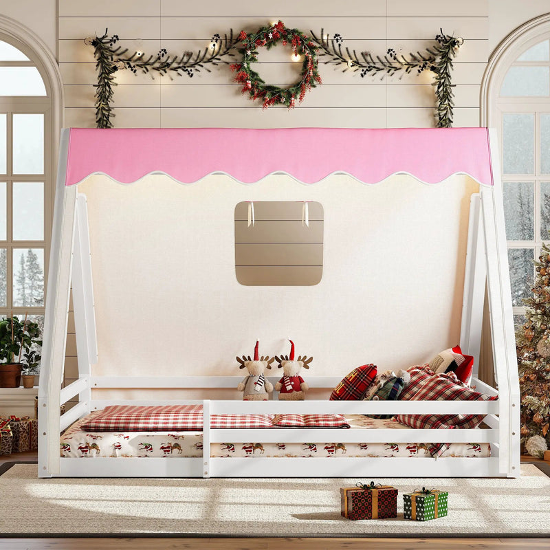 Full Size House Floor Bed with Tent and Light by HouseOfZazla