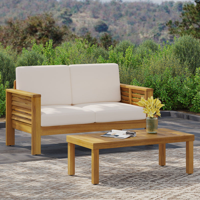 Acacia Wood Loveseat And Coffee Table Set With Cushions by HouseOfZazla