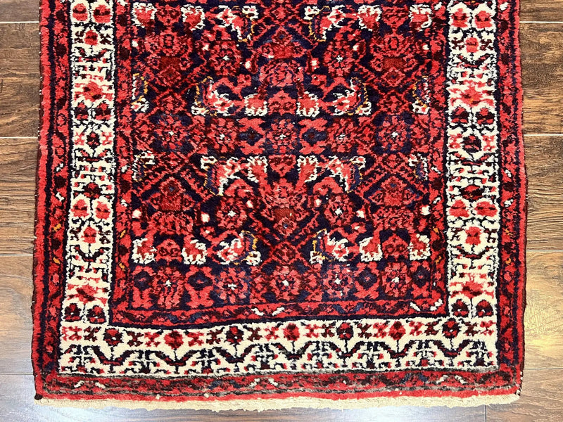 Persian Tribal Runner 3 x 9, Hamadan Dargazin Rug, Dark Blue and Red Wool Hand Knotted Hallway Rug, Vintage Antique Oriental Runner, 9ft Long Runner, Herati by Jewel Rugs