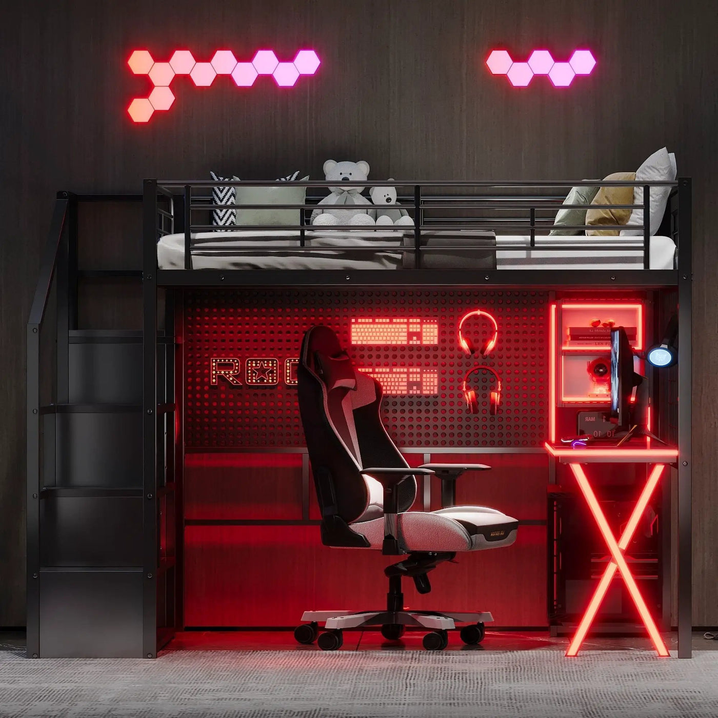 Loft Bed With Built In Work Station, Wardrobe, Storage Staircase And LED by Unique Piece Furniture