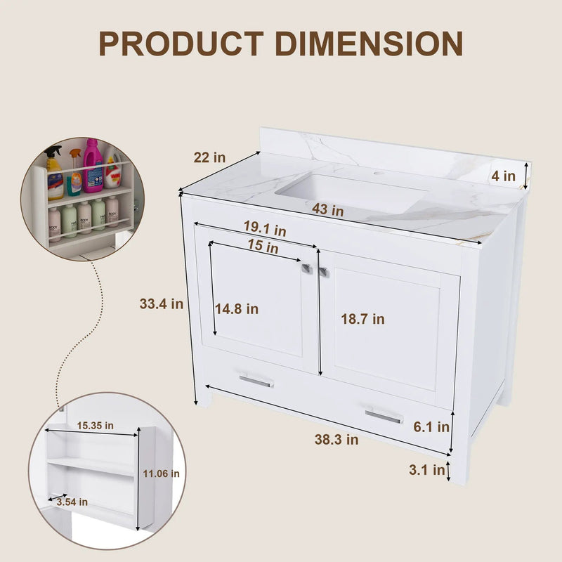 43" Bathroom Vanity, Multi Functional Cabinet With Doors And Drawer - White