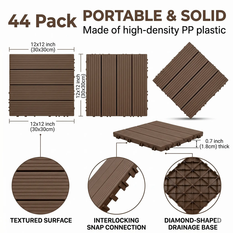 Plastic Interlocking Deck Tiles, 44 Pack 12"x12" by HouseOfZazla