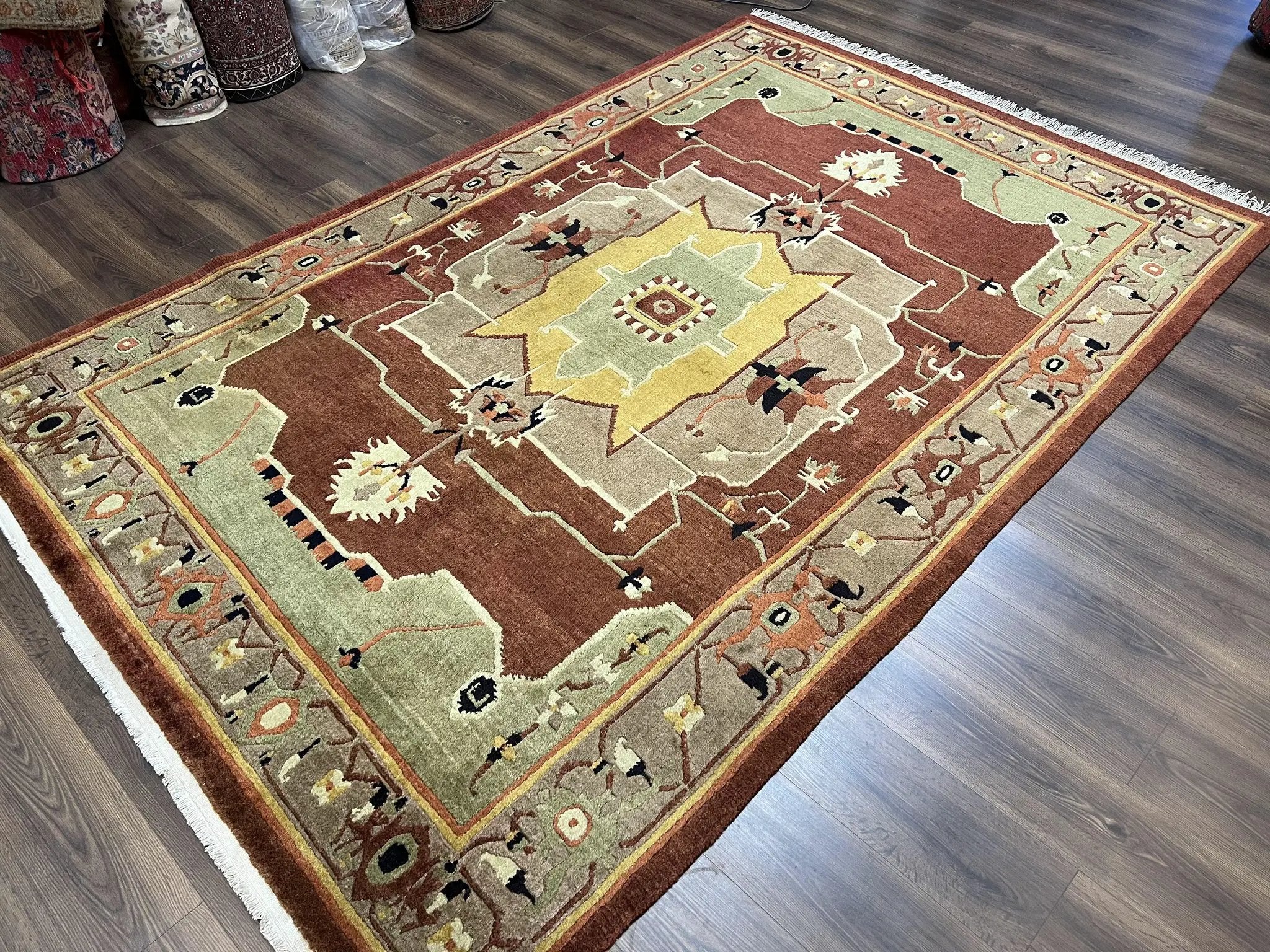 Tibetan Rug 7x10, Geometric Medallion, Red Green Taupe, Hand Knotted, Soft Wool Area Rug, Contemporary Carpet, Handmade Nepali Rug 7 x 10 ft by Jewel Rugs