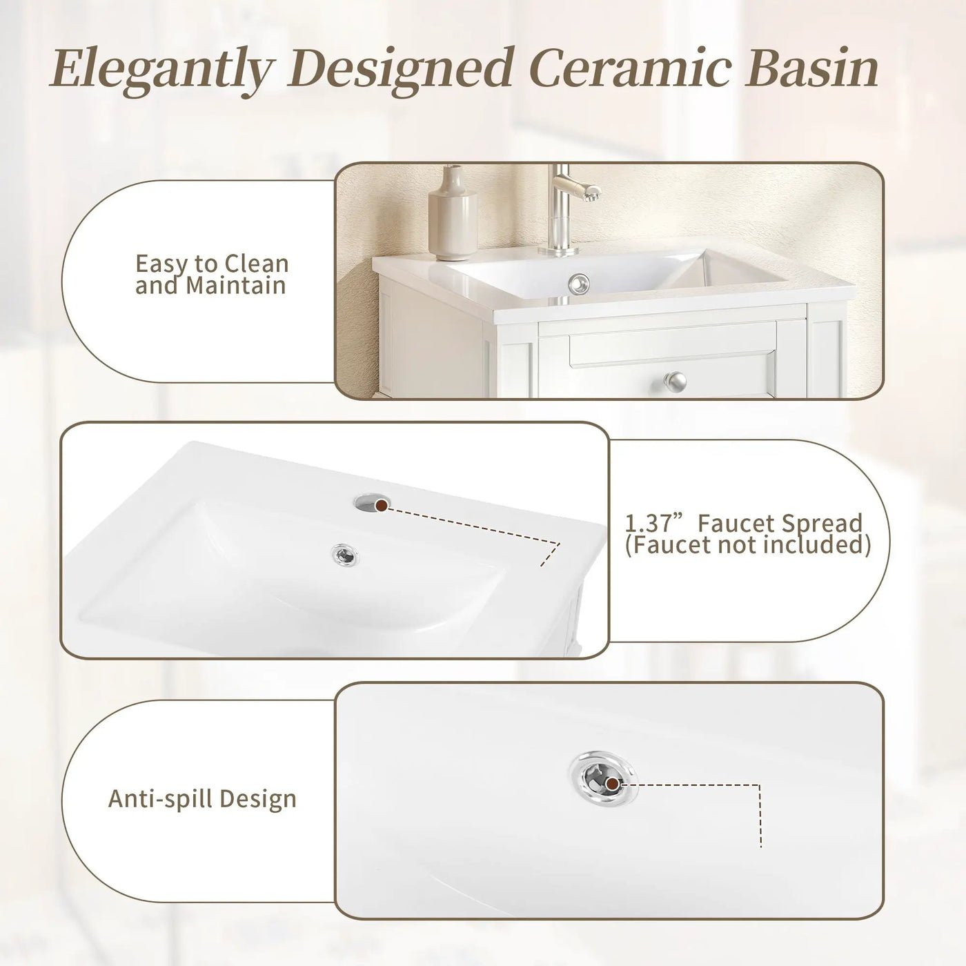 French Style Bathroom Vanity With Sink, Soft-Closing Door, Adjustable Shelf, Rectangular Design by Unique Piece Furniture