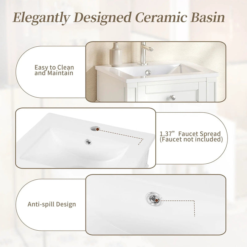 French Style Bathroom Vanity With Sink, Soft-Closing Door, Adjustable Shelf, Rectangular Design by Unique Piece Furniture