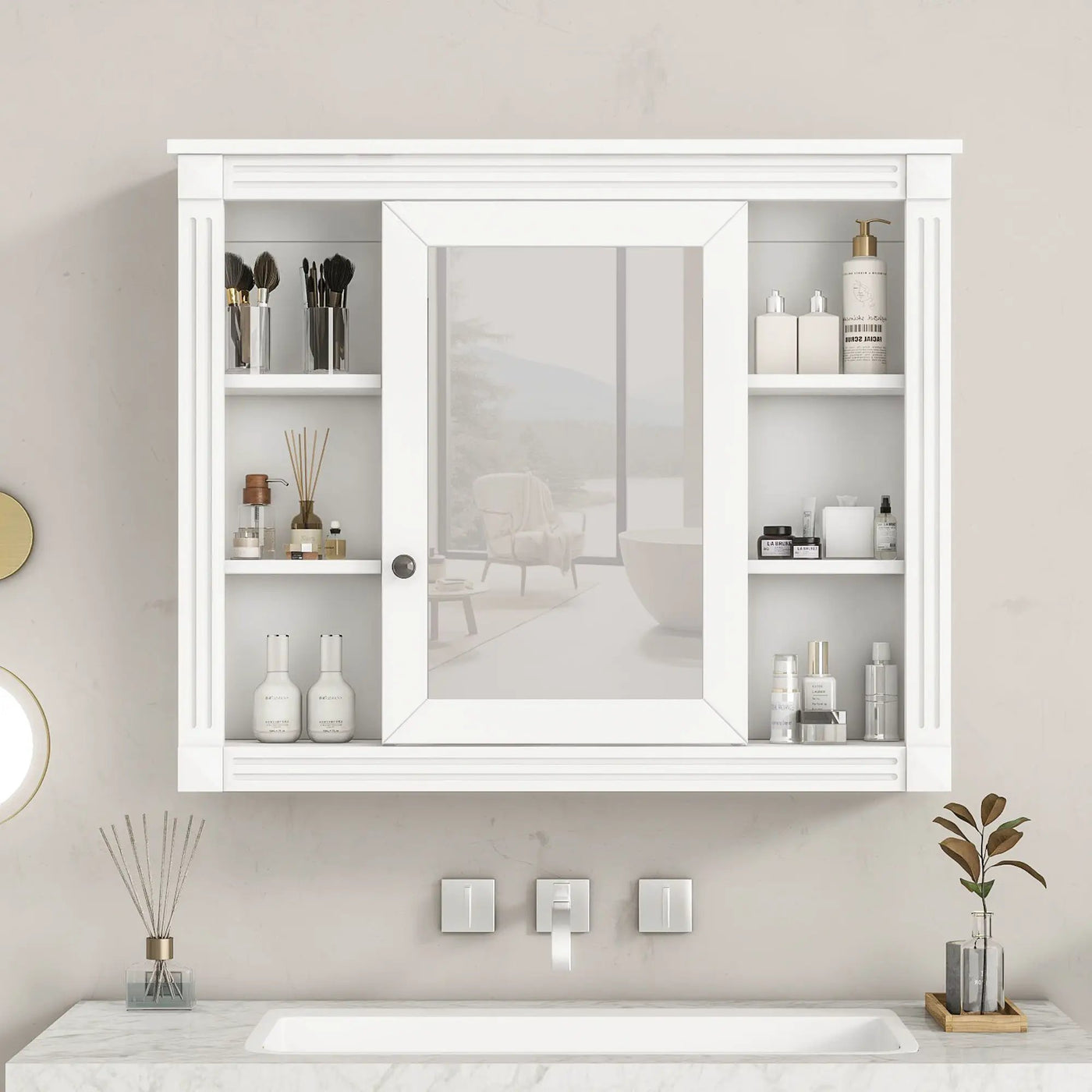 Wall Mounted Bathroom Storage Cabinet With Mirror, Cabinet With 6 Open Shelves And Adjustable Interior by Unique Piece Furniture