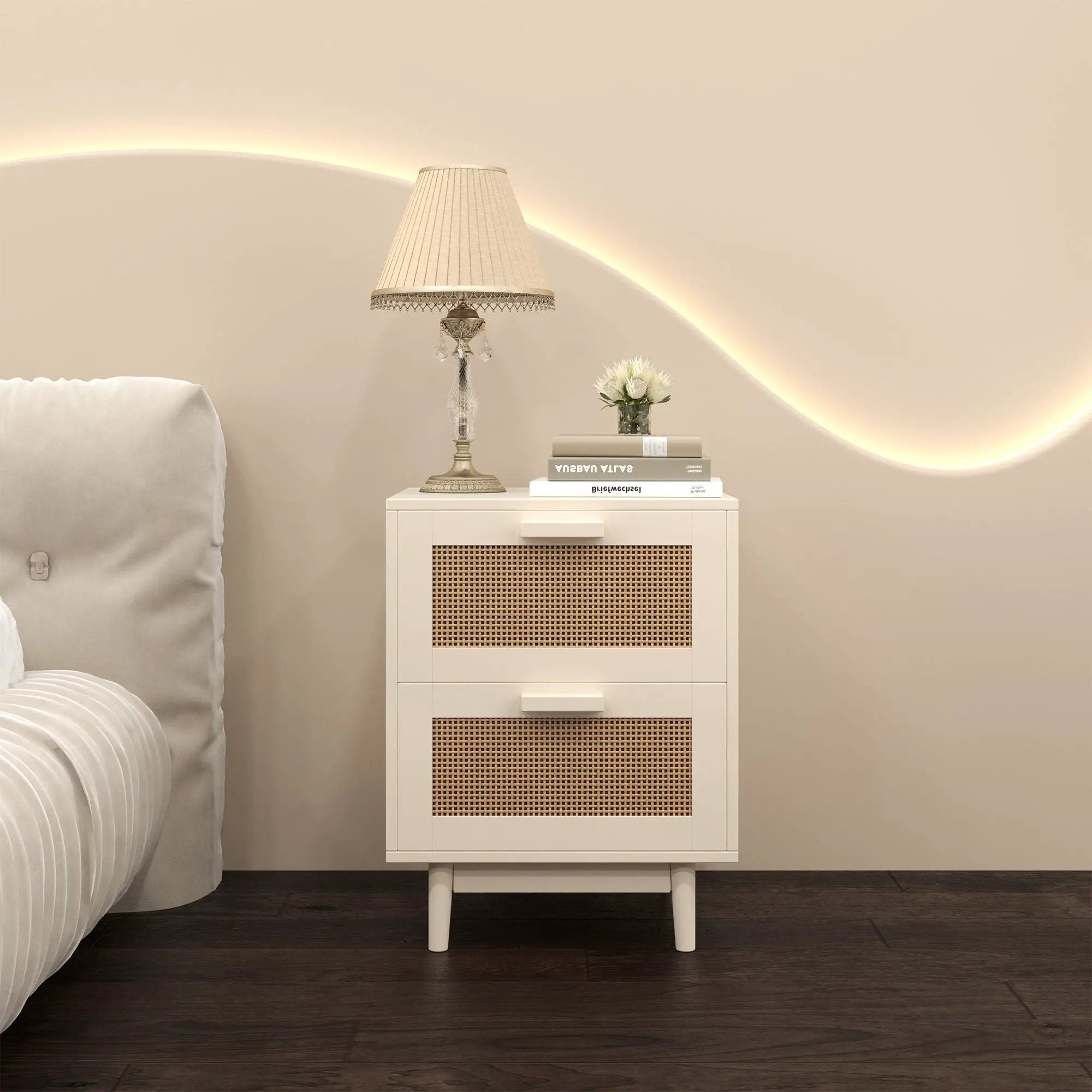 Nightstand With 2 Drawers, Storage Side Table For Bedroom - Antique Natural / Rattan by Unique Piece Furniture