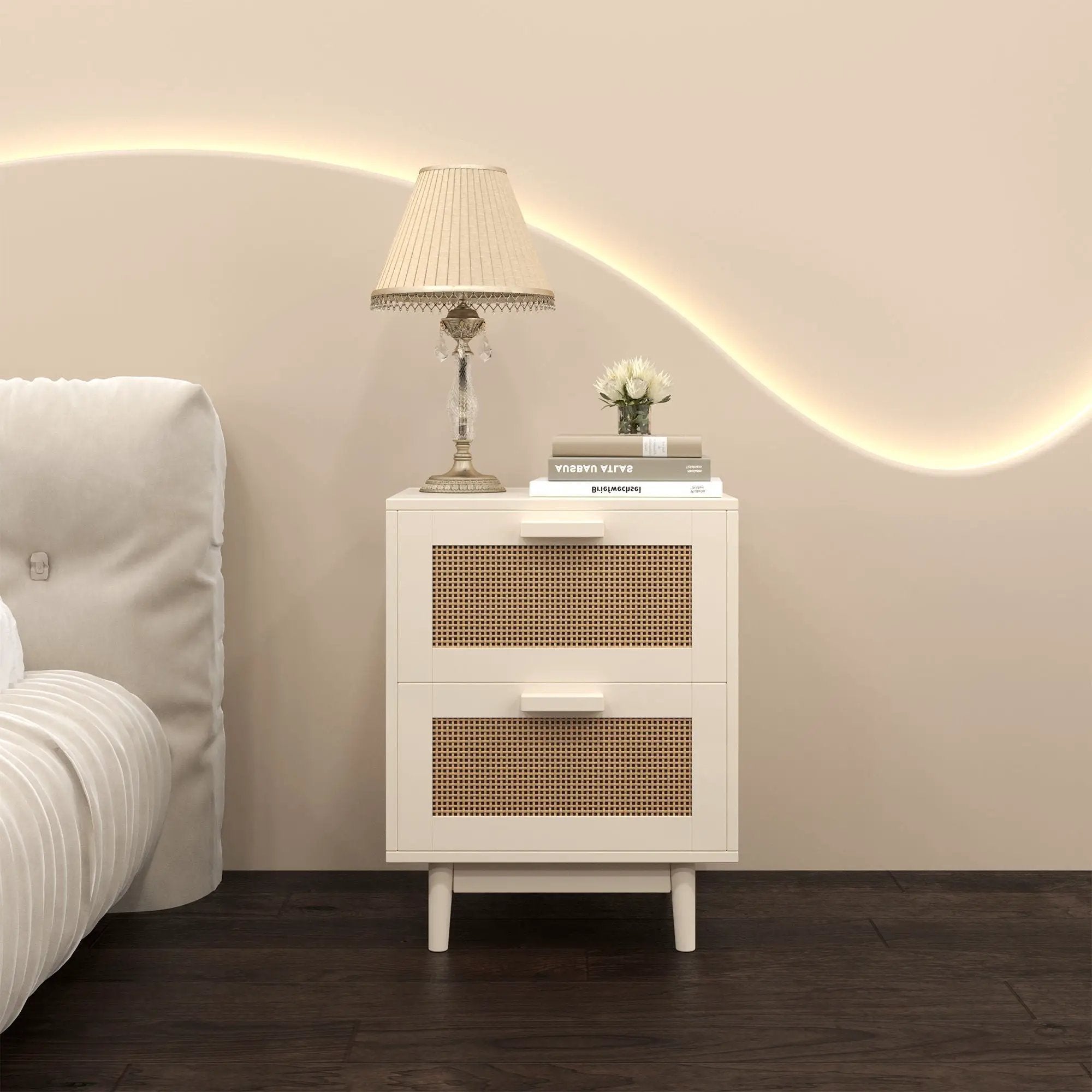 Nightstand With 2 Drawers, Storage Side Table For Bedroom - Antique Natural / Rattan by HouseOfZazla