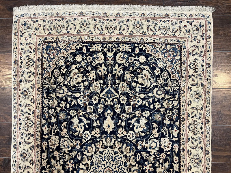 Very Fine Persian Nain Rug 3.7 x 6, Floral Medallion, Wool and Silk Accents, Highly Detailed, Hand Knotted Oriental Carpet, Navy Blue Ivory/Cream by Jewel Rugs