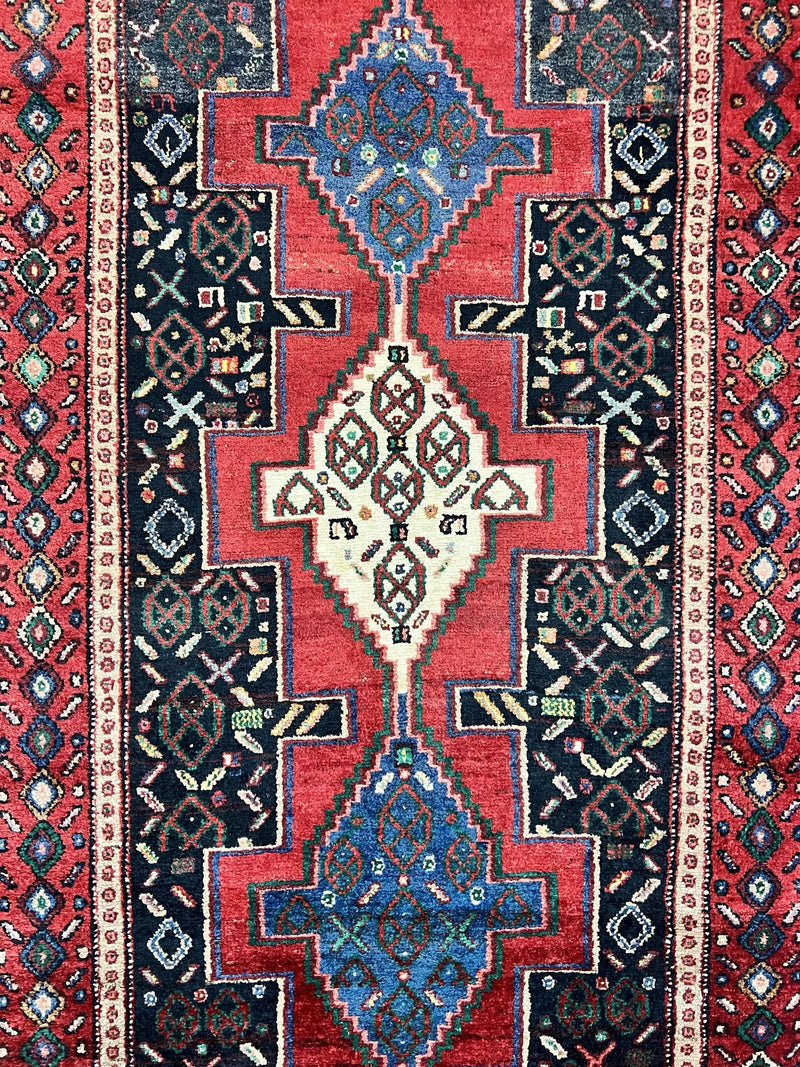 Persian Kurdish Senneh Runner Rug 3x9, Red Navy Blue, Medallions Wool Tribal Runner for Kitchen/Hallway 9ft Antique Handmade Oriental Runner by Jewel Rugs