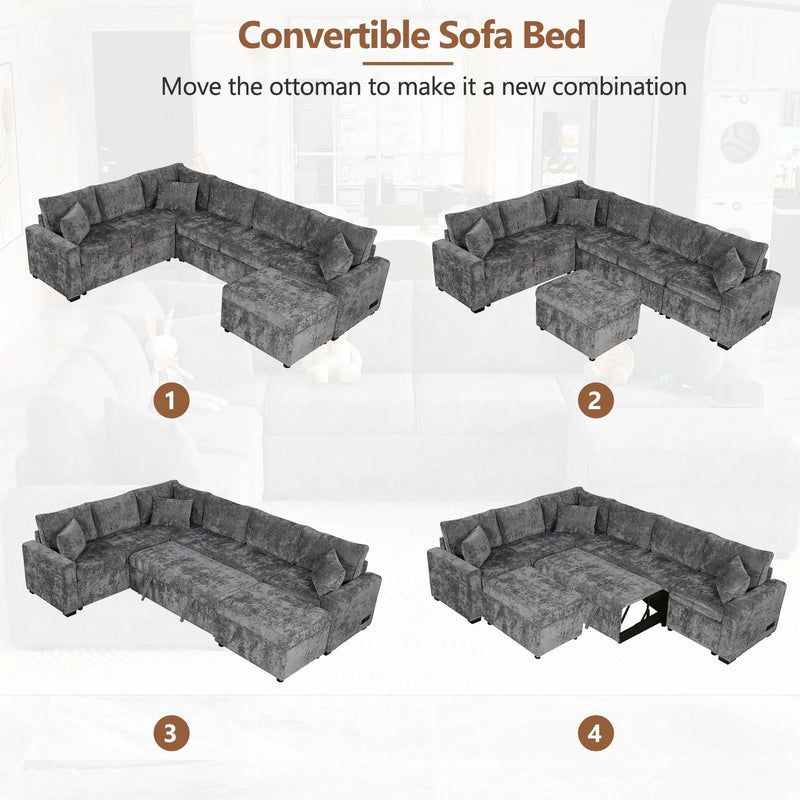 Sectional Sofa Pull-Out Sofa Bed Sleeper With A Storage Ottoman, Three Pillows And Charging Devices For Living Room by Unique Piece Furniture
