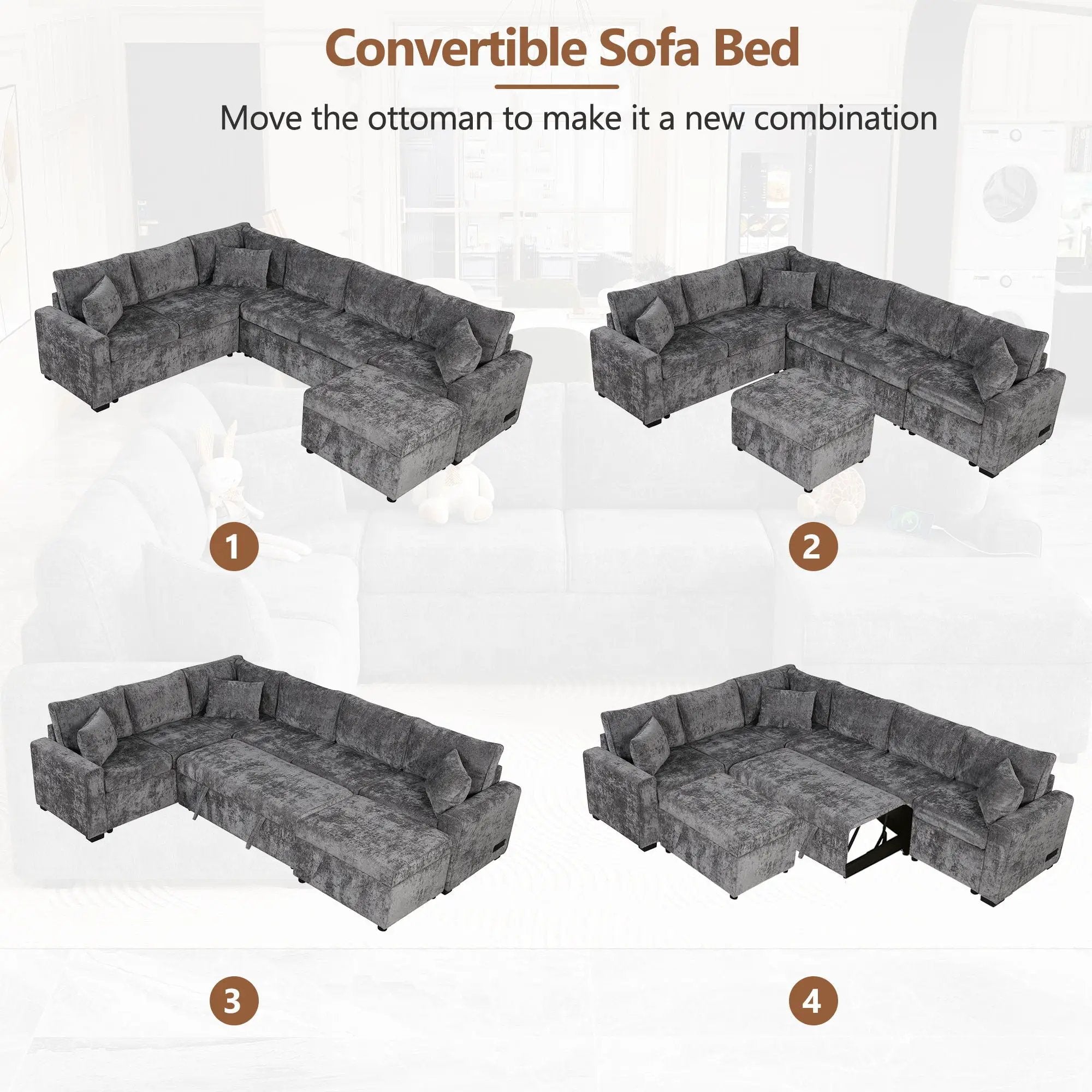 Sectional Sofa Pull-Out Sofa Bed Sleeper With A Storage Ottoman, Three Pillows And Charging Devices For Living Room by HouseOfZazla
