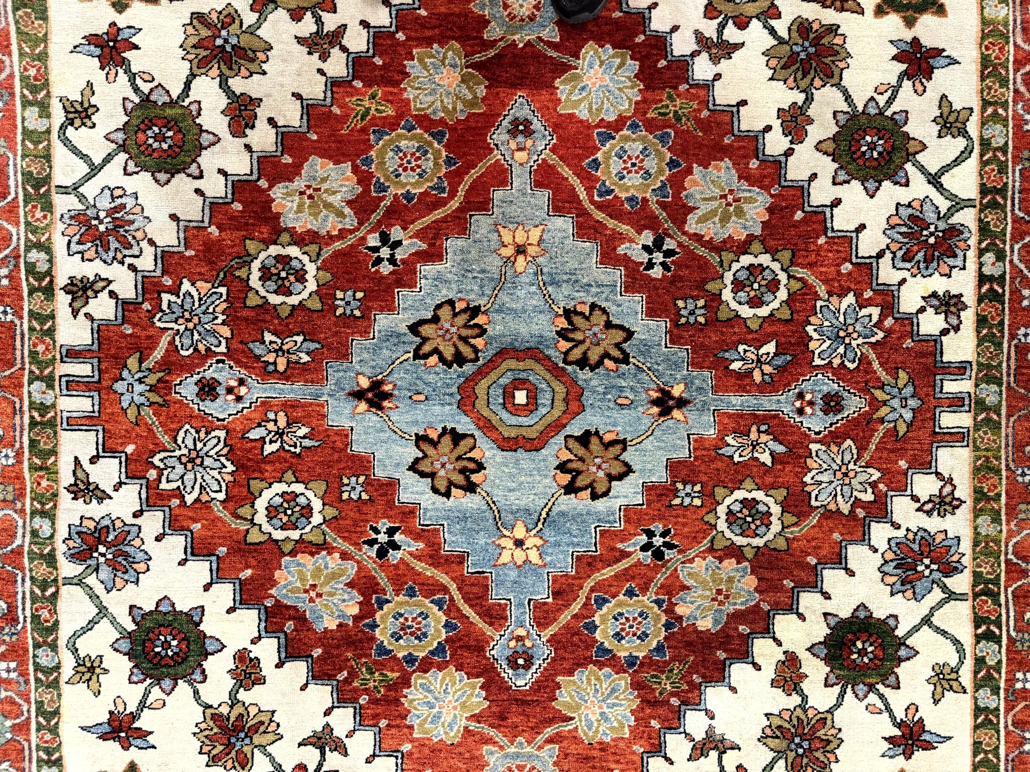 Indo Persian Heriz Rug 7x9, Geometric Pattern, Cream & Light Red, Handmade Vintage Wool Carpet by Jewel Rugs