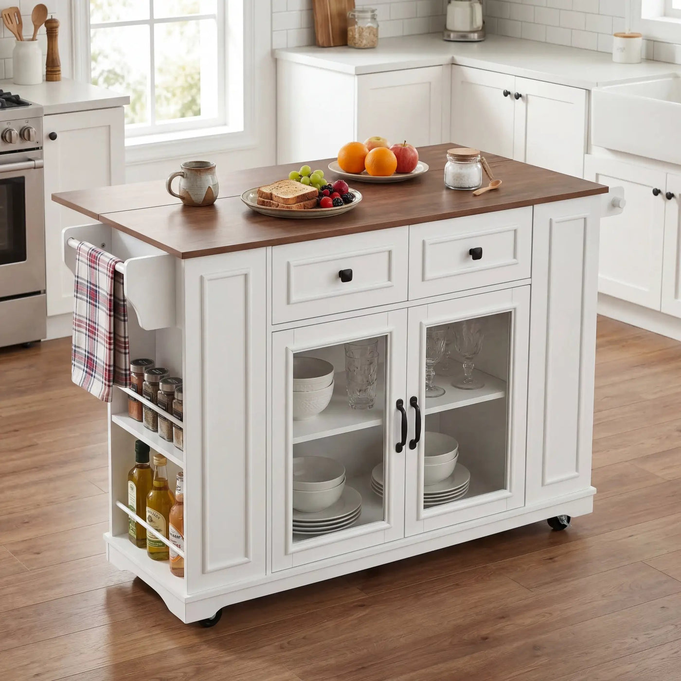54" Mobile Kitchen Island with Glass Door Storage, Power Outlet & Rolling Cart by HouseOfZazla