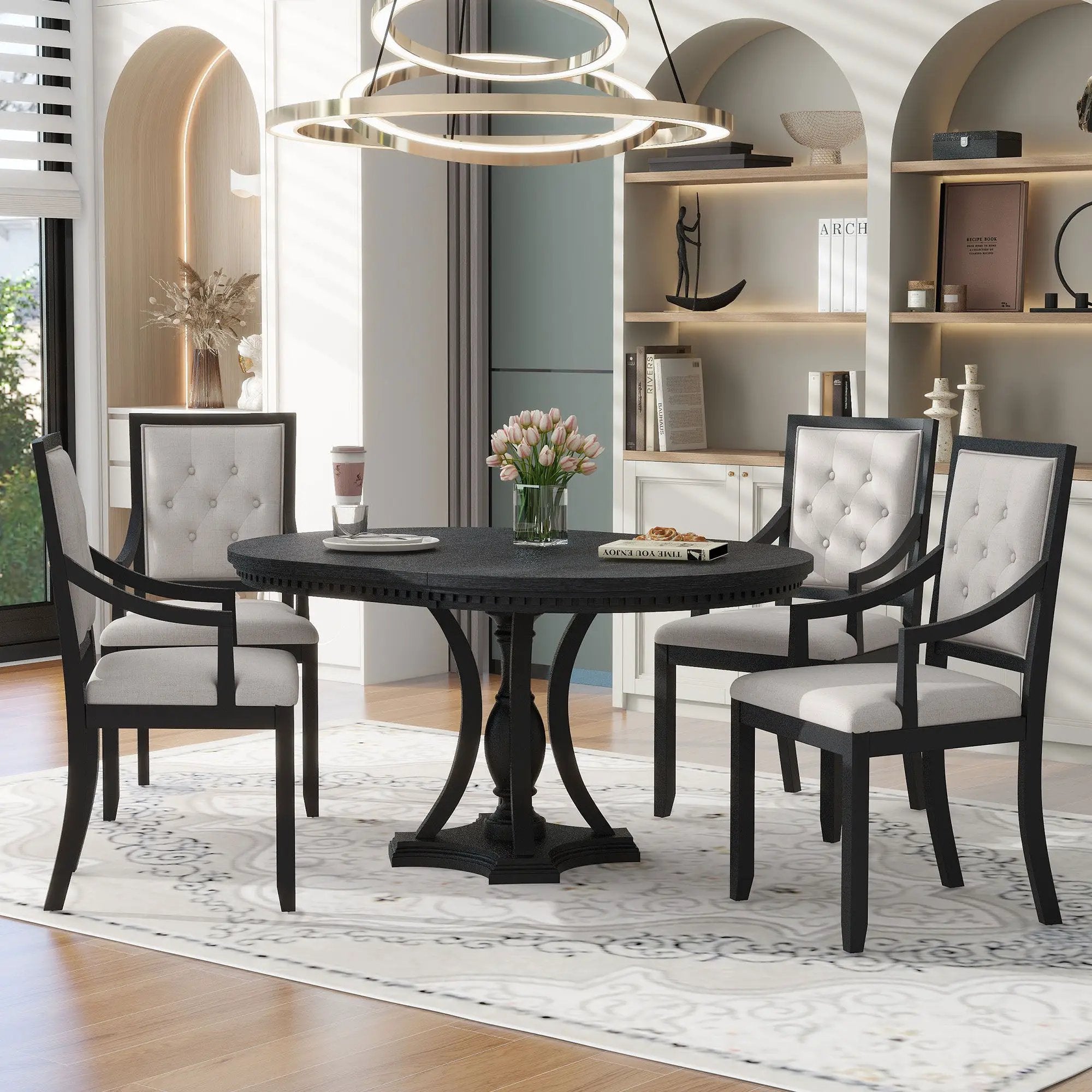 5 Piece Dining Set Extendable Round Table And 4 Chairs - Black / Oak by Unique Piece Furniture