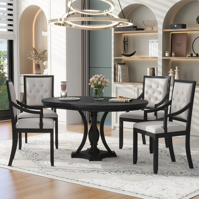 5 Piece Dining Set Extendable Round Table And 4 Chairs - Black / Oak by Unique Piece Furniture