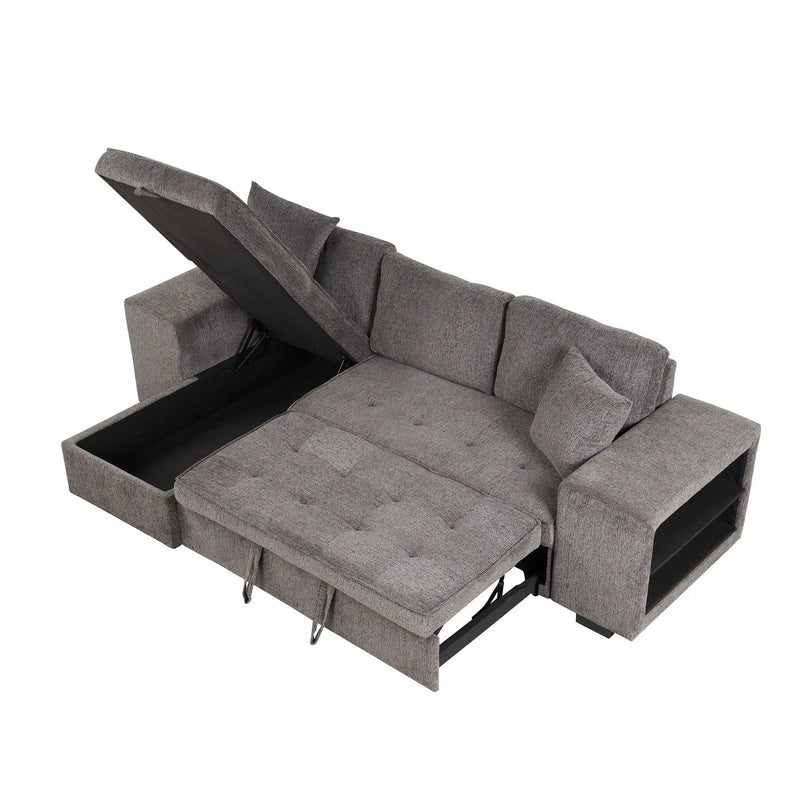 Modern L-Shape 3 Seat Reversible Sectional Couch, Pull Out Sleeper Sofa With Storage Chaise And 2 Stools For Living Room Furniture Set by HouseOfZazla