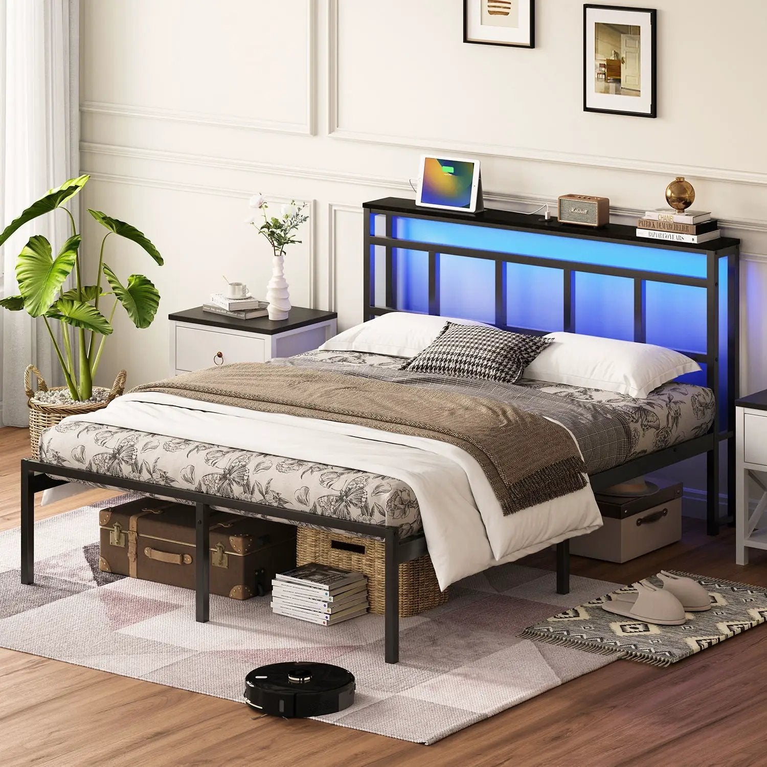 Bed Frame With Storage Headboard With USB C, Type C And LED Light by Unique Piece Furniture