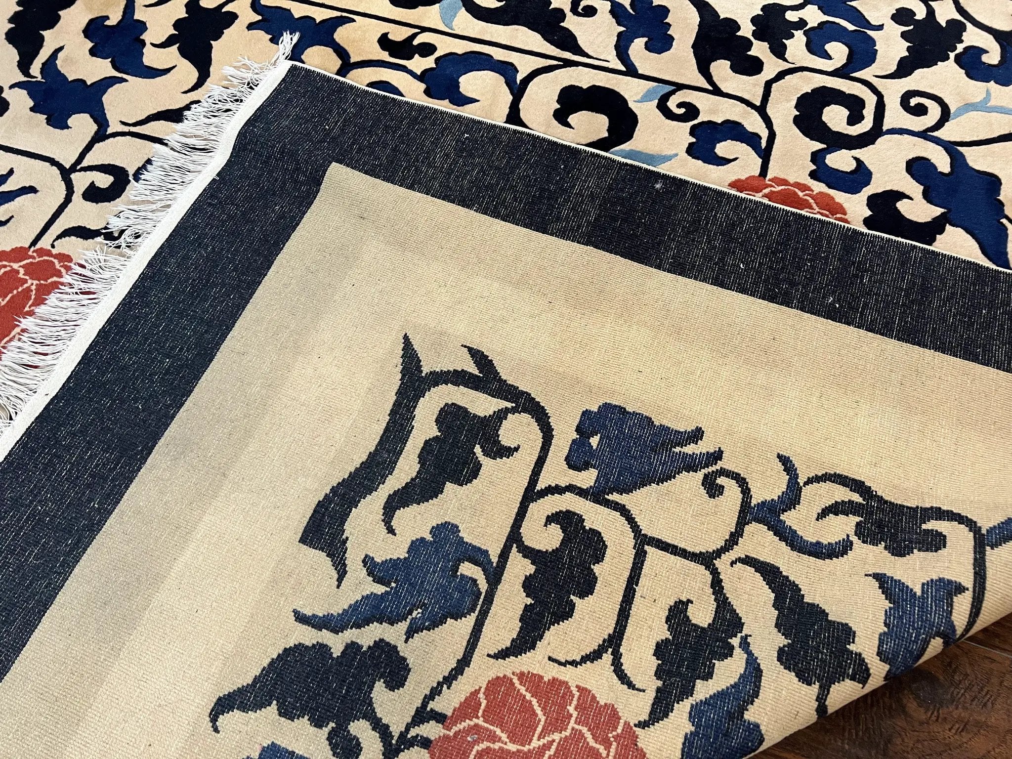 Antique Chinese Peking Rug 10x14, Beige Black, Handmade Wool Art Deco Carpet by Jewel Rugs