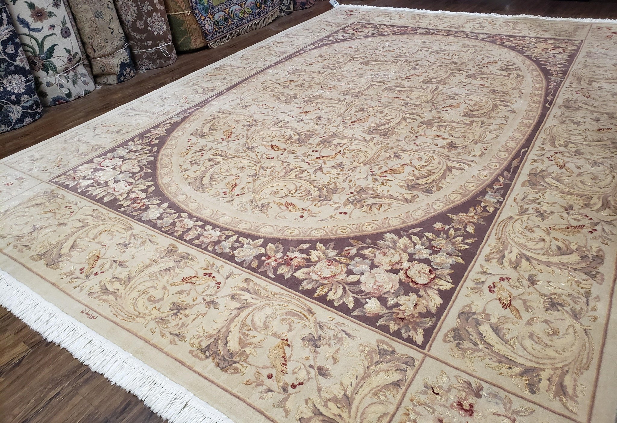 Chinese Aubusson Savonnerie Area Rug 8x12, Vintage 120 Line Carpet, Wool and Silk Hand-Knotted, Birds Flowers Master Weaver Signature by Jewel Rugs