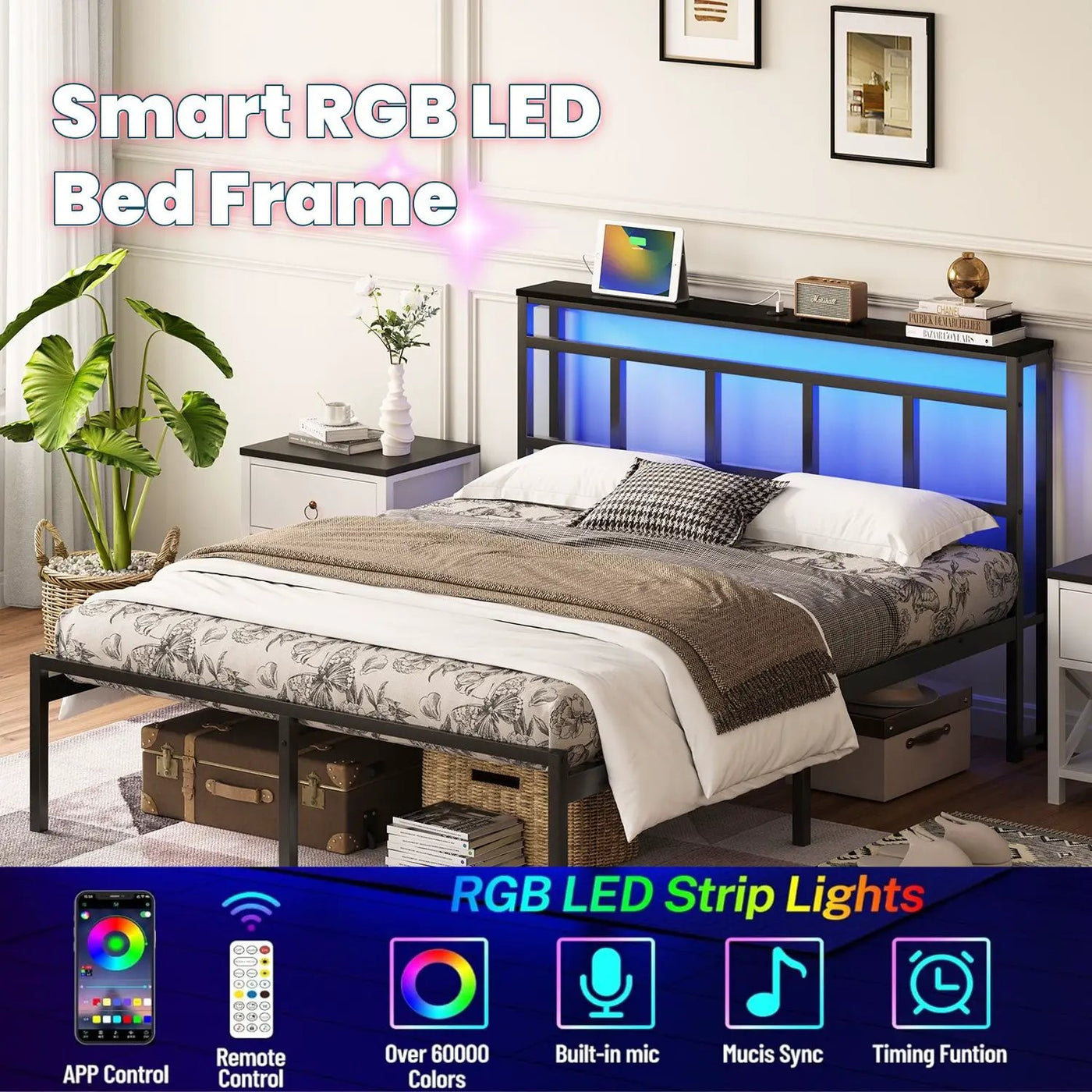 Bed Frame With Storage Headboard With USB C, Type C And LED Light by Unique Piece Furniture