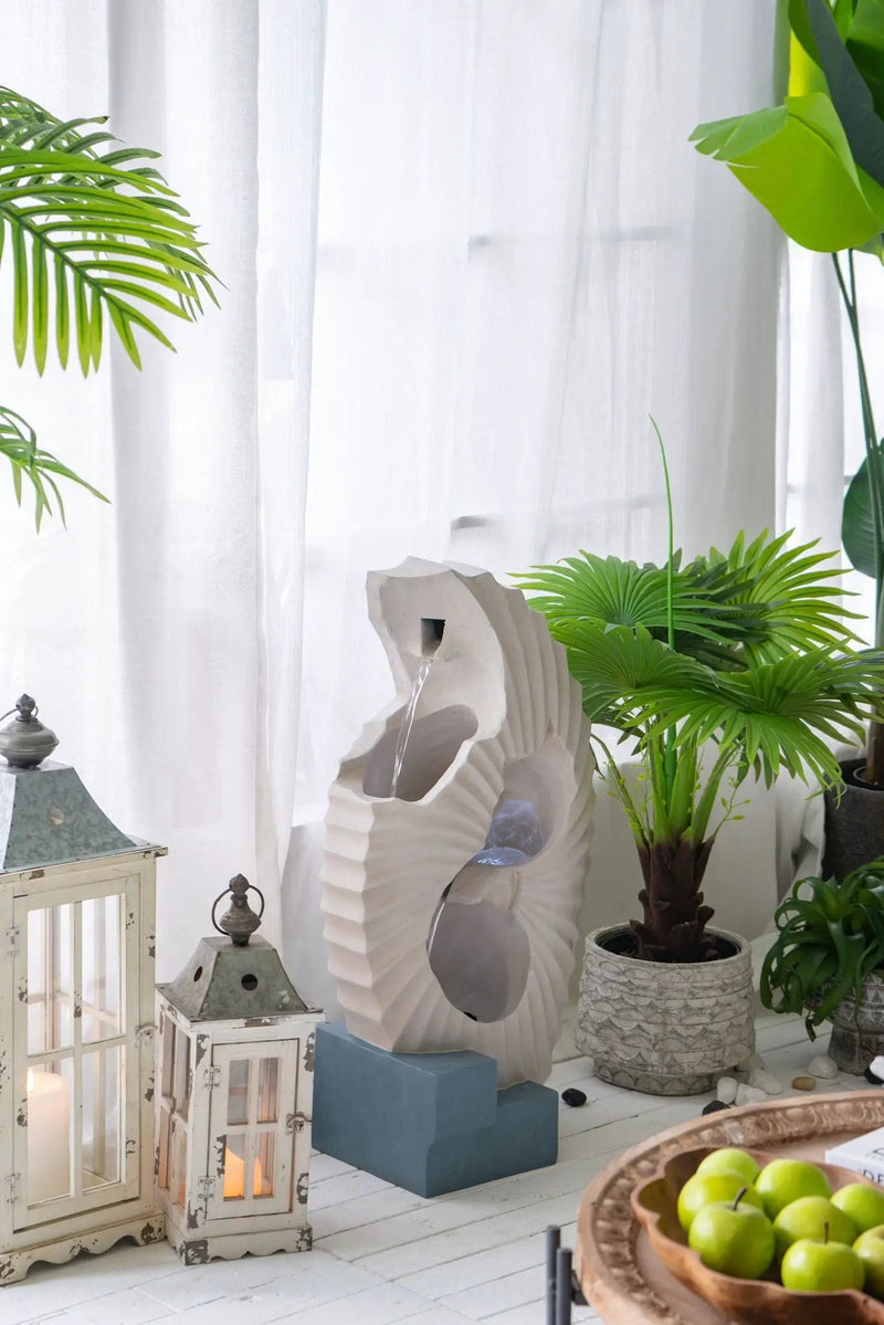 Abstract Water Fountain With Base With Light, For Indoor And Outdoor - White / Blue by HouseOfZazla