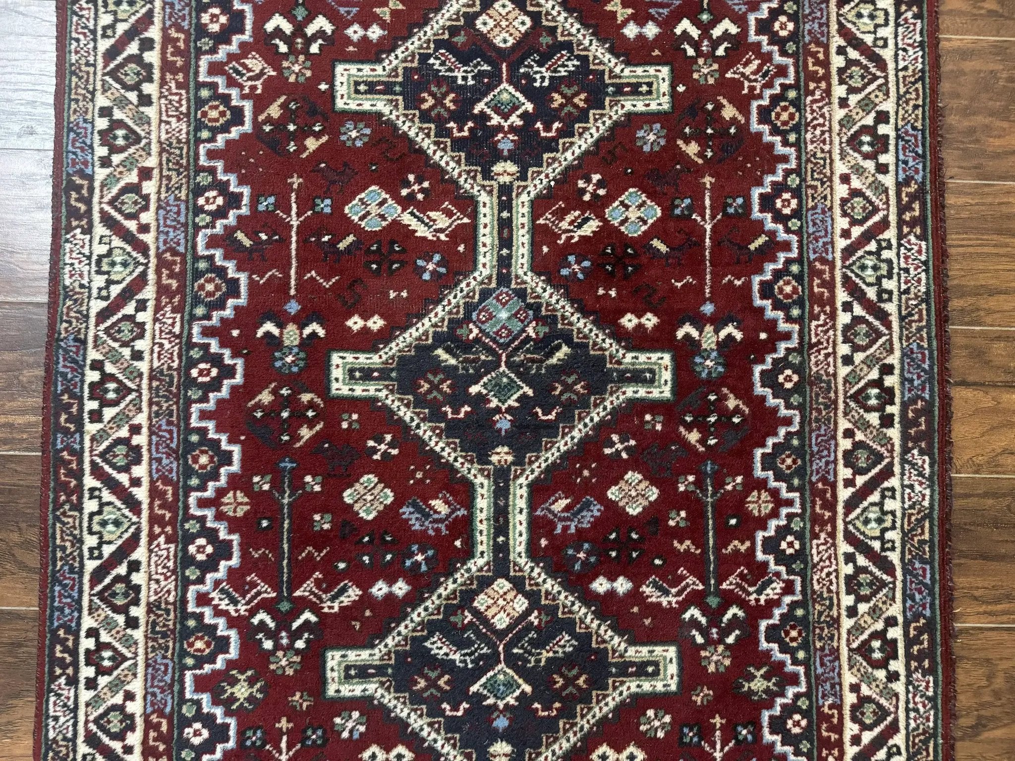 Persian Afshar Rug 4x5 Red Navy Geometric Tribal Wool Carpet by Jewel Rugs