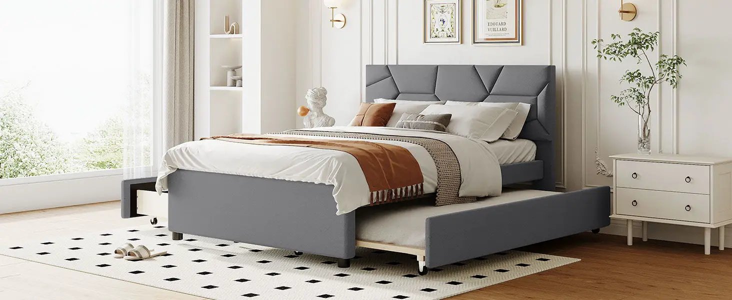 Upholstered Platform Bed With Brick Pattern Headboard And Twin Long Size Trundle by HouseOfZazla