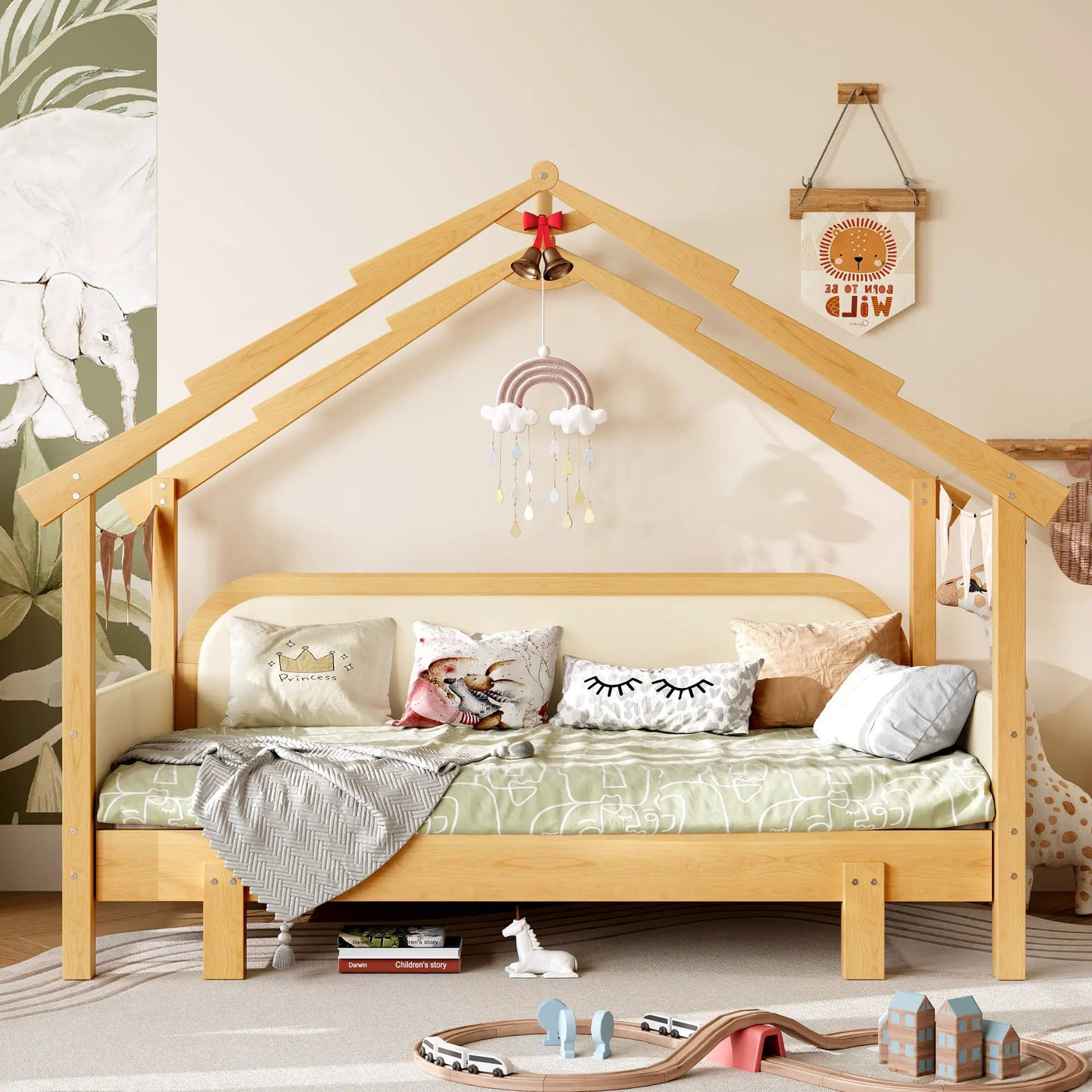 Twin Size Wood Treehouse Bed with Soft Cushion Rails by HouseOfZazla