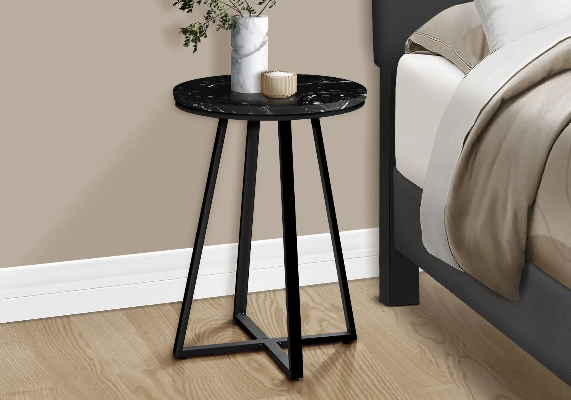 Accent Table Side Round Marble Look Contemporary & Modern - Black by HouseOfZazla