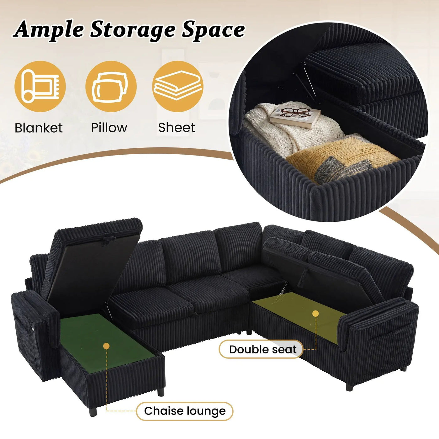 Convertible U-Shaped Sectional Sofa Bed With USB Ports And Storage by HouseOfZazla