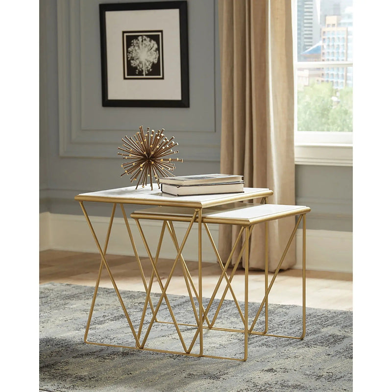 Sinclair - 2 Piece Nesting Table Set With Iron And Luxurious Marble Surface - White / Gold by HouseOfZazla