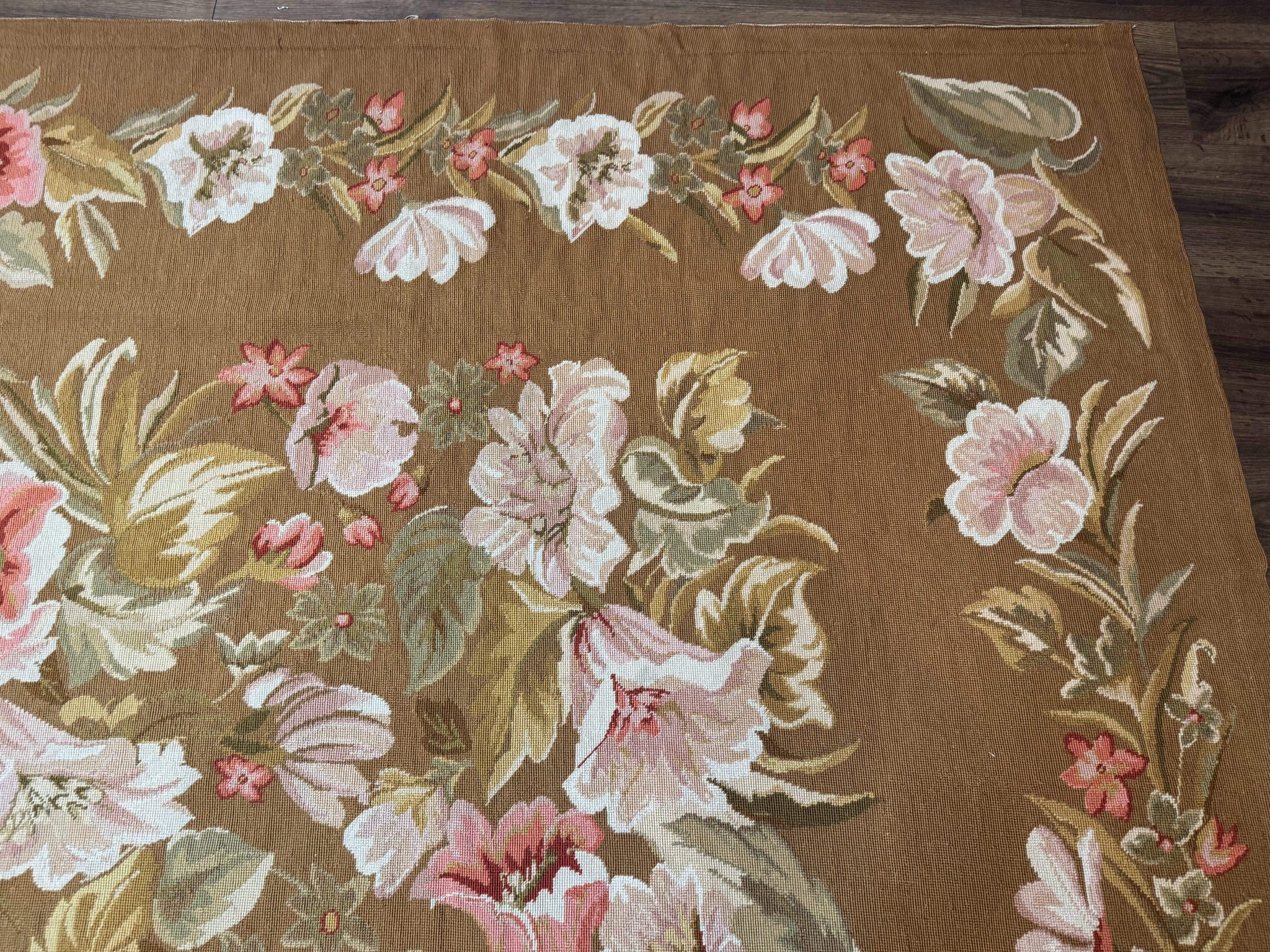 Large Needlepoint Rug 11x14, Vintage Floral Wool Carpet, Caramel by Jewel Rugs