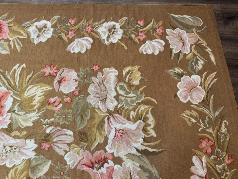 Large Needlepoint Rug 11x14, Vintage Floral Wool Carpet, Caramel by Jewel Rugs