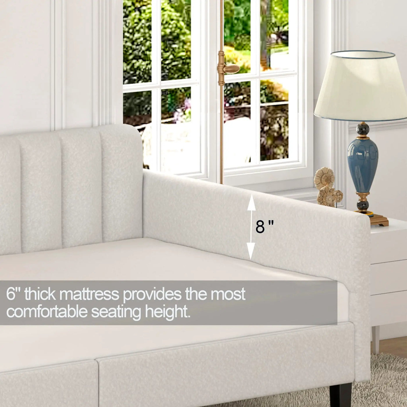 Elena - Boucle Upholstered Daybed, Ribbed Tufted Backrest by HouseOfZazla
