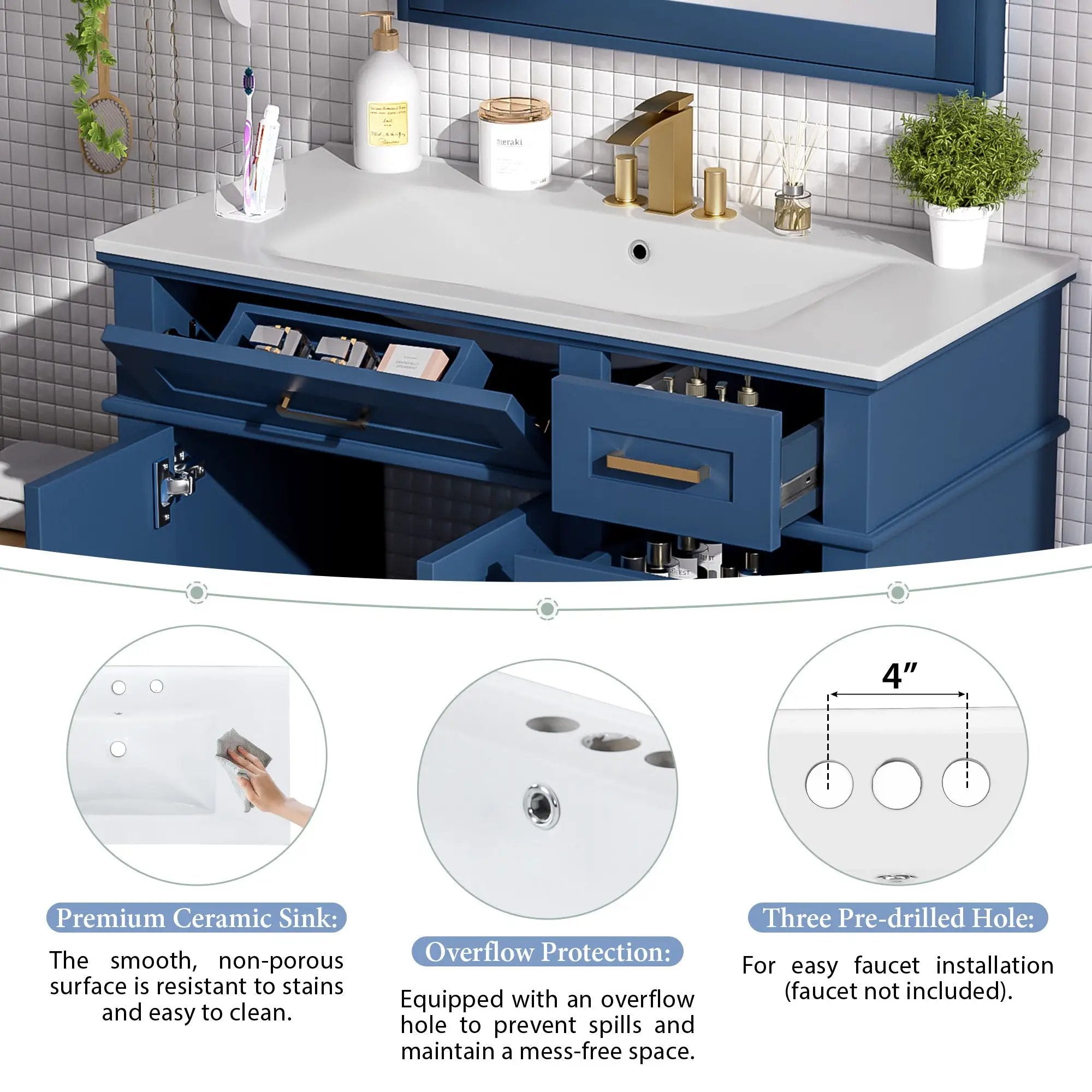 Bathroom Vanity With Ceramic Sink, Soft-Close Doors, 4 Storage Drawers - Blue by Unique Piece Furniture