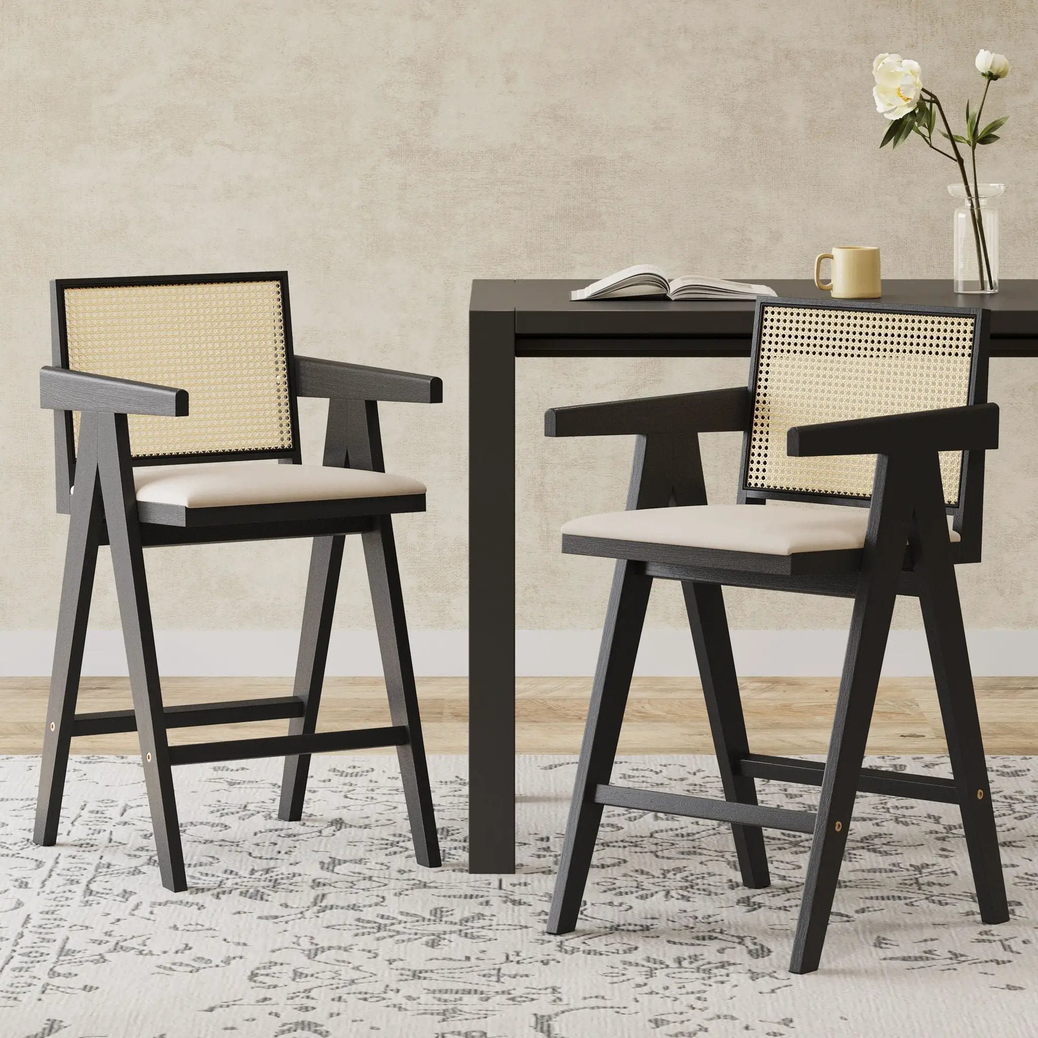 Woven Cane Plastic Backrest Bar Stool Foam Padded Fabric Seat & Durable Rubberwood Frame - Cream Gray by HouseOfZazla