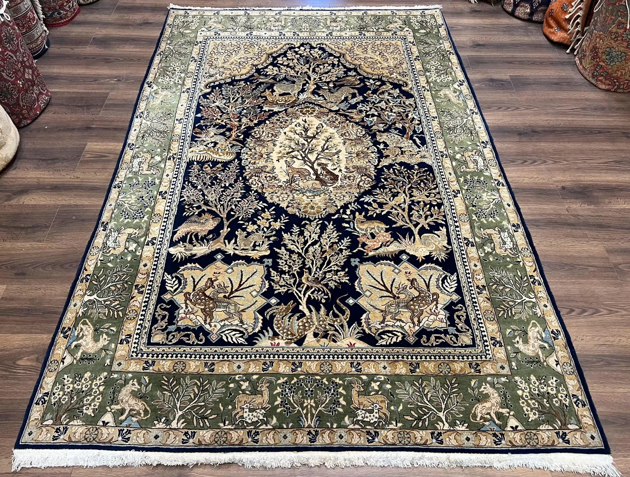 Wonderful Persian Qum Rug 6x9, Animal Pictorials, Tree of Life, Deer Birds, Hand Knotted Oriental Ghom Carpet, Semi Antique Vintage, Navy Blue Green by Jewel Rugs