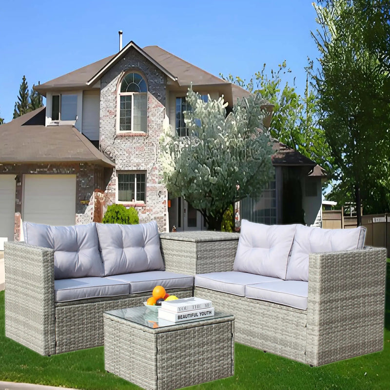 4 Piece Patio Sectional Wicker Rattan Outdoor Furniture Sofa Set with Storage Box Grey by HouseOfZazla