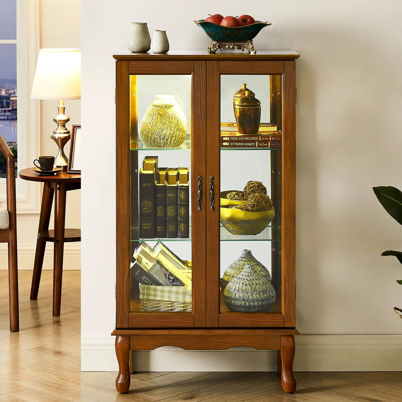 Curio Cabinet Lighted Curio Diapaly Cabinet With Adjustable Shelves And Mirrored Back Panel, Tempered Glass Doors (3 Tier), (E26 Light Bulb Not Included) by Unique Piece Furniture